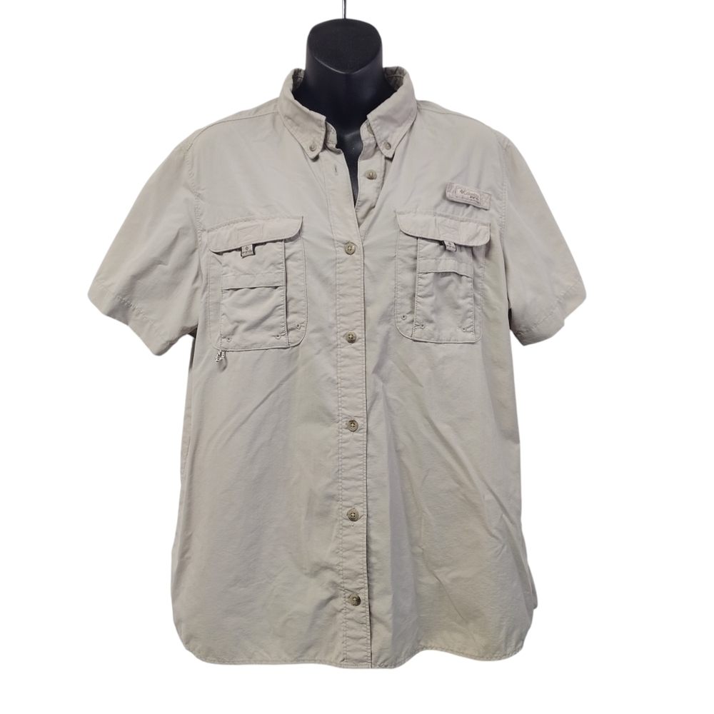 Columbia Button Up Shirt Men's Beige PFG Fishing Fisherman Short Sleeve Sz L